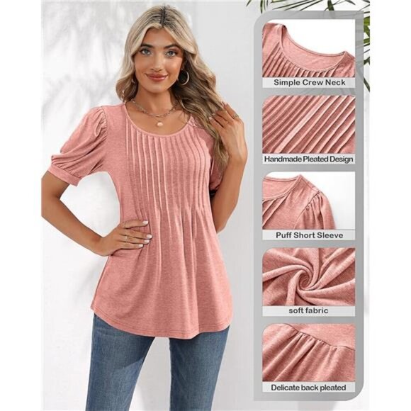 Women's Puff Short Sleeve Tunic Tops Pleated Crew Neck Blouses Casual Loose - Picture 3 of 6
